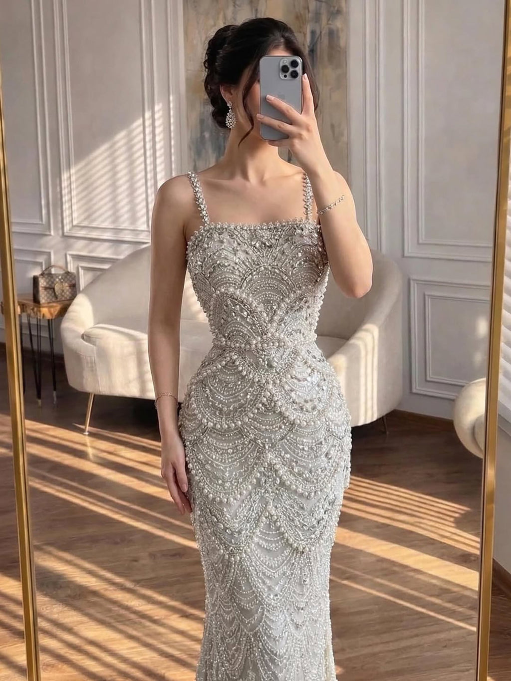 Luxury Nude Pearls Beaded Mermaid Evening Dress CLA73395B