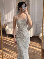 Luxury Nude Pearls Beaded Mermaid Evening Dress CLA73395B