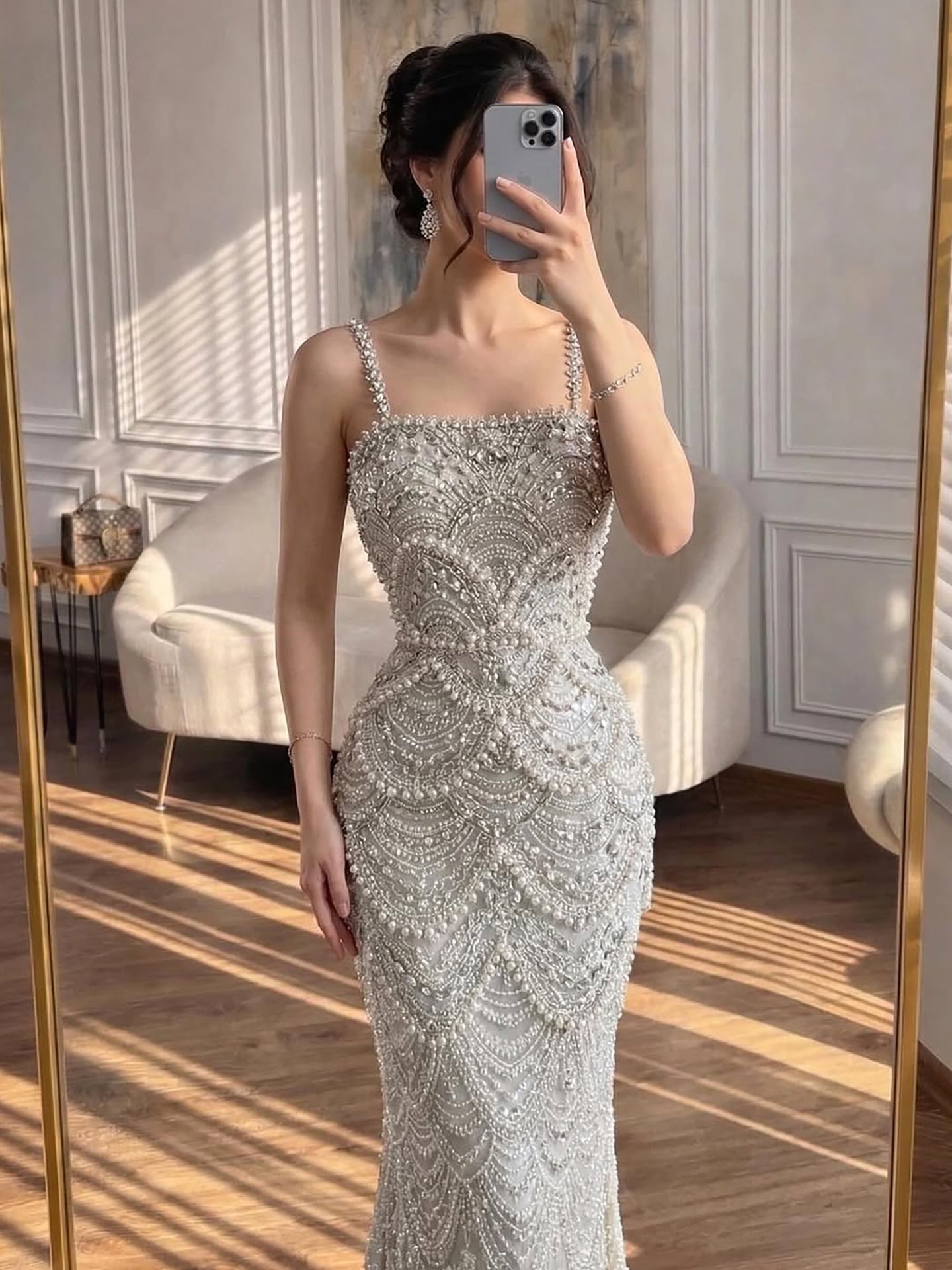 Luxury Nude Pearls Beaded Mermaid Evening Dress CLA73395B