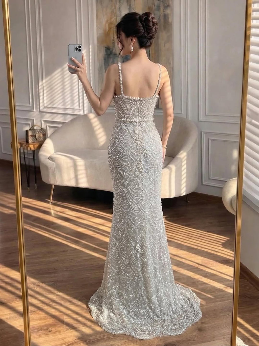Luxury Nude Pearls Beaded Mermaid Evening Dress CLA73395B