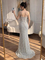 Luxury Nude Pearls Beaded Mermaid Evening Dress CLA73395B