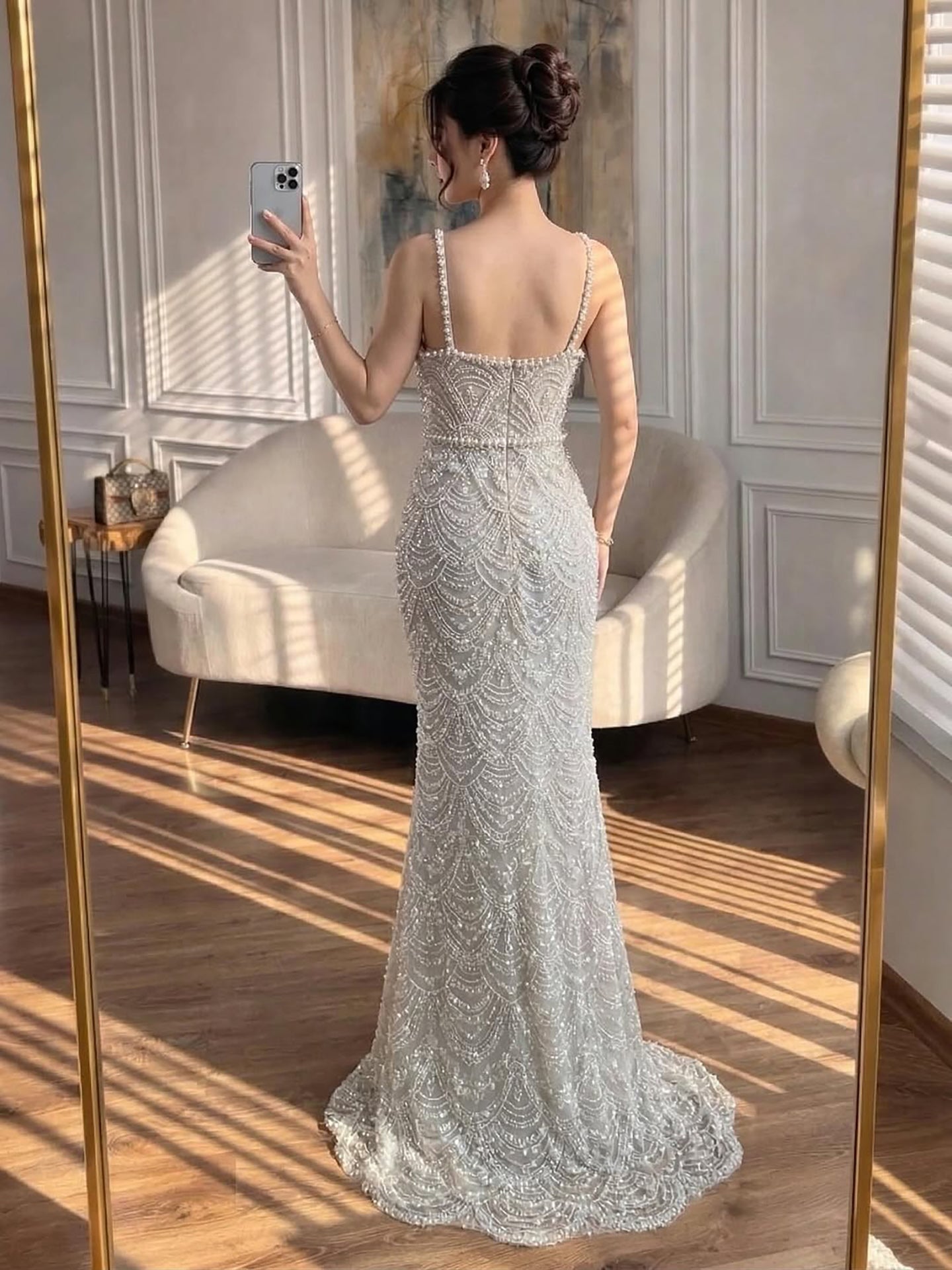 Luxury Nude Pearls Beaded Mermaid Evening Dress CLA73395B