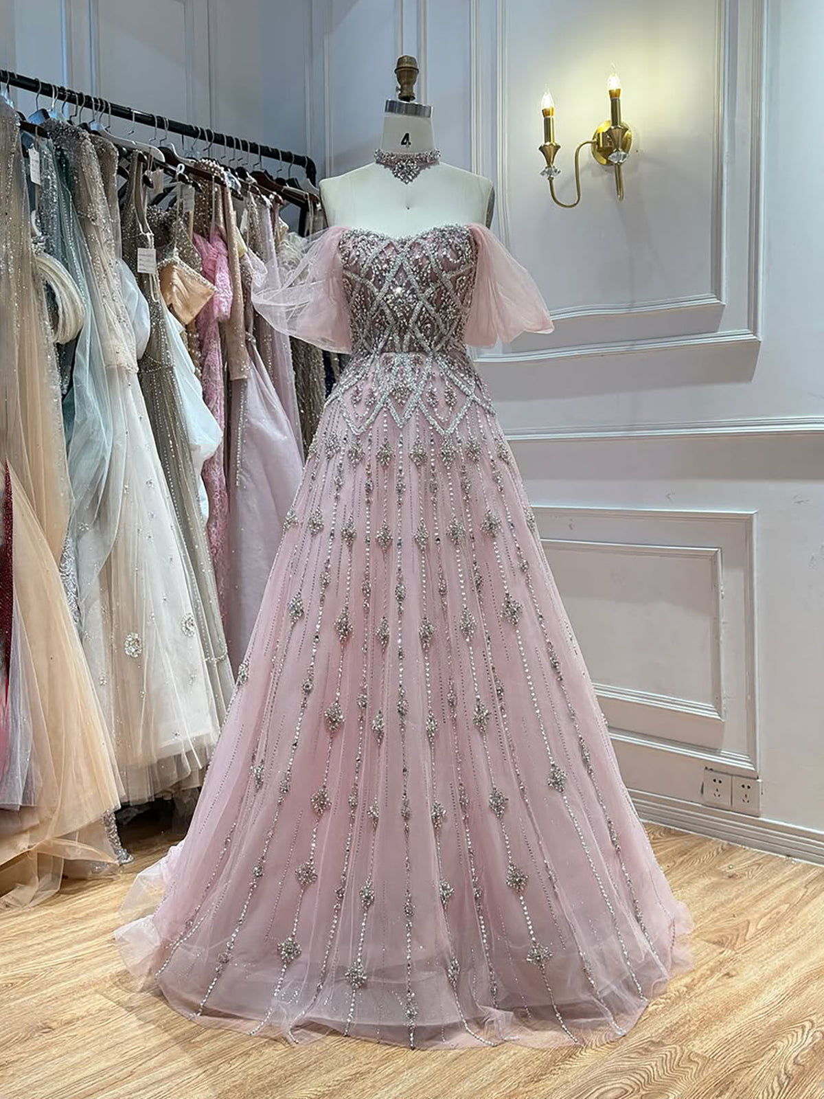 Arabic Luxury Beaded Off Shoulder Evening Dress Ball Gown With Choker CLA73397