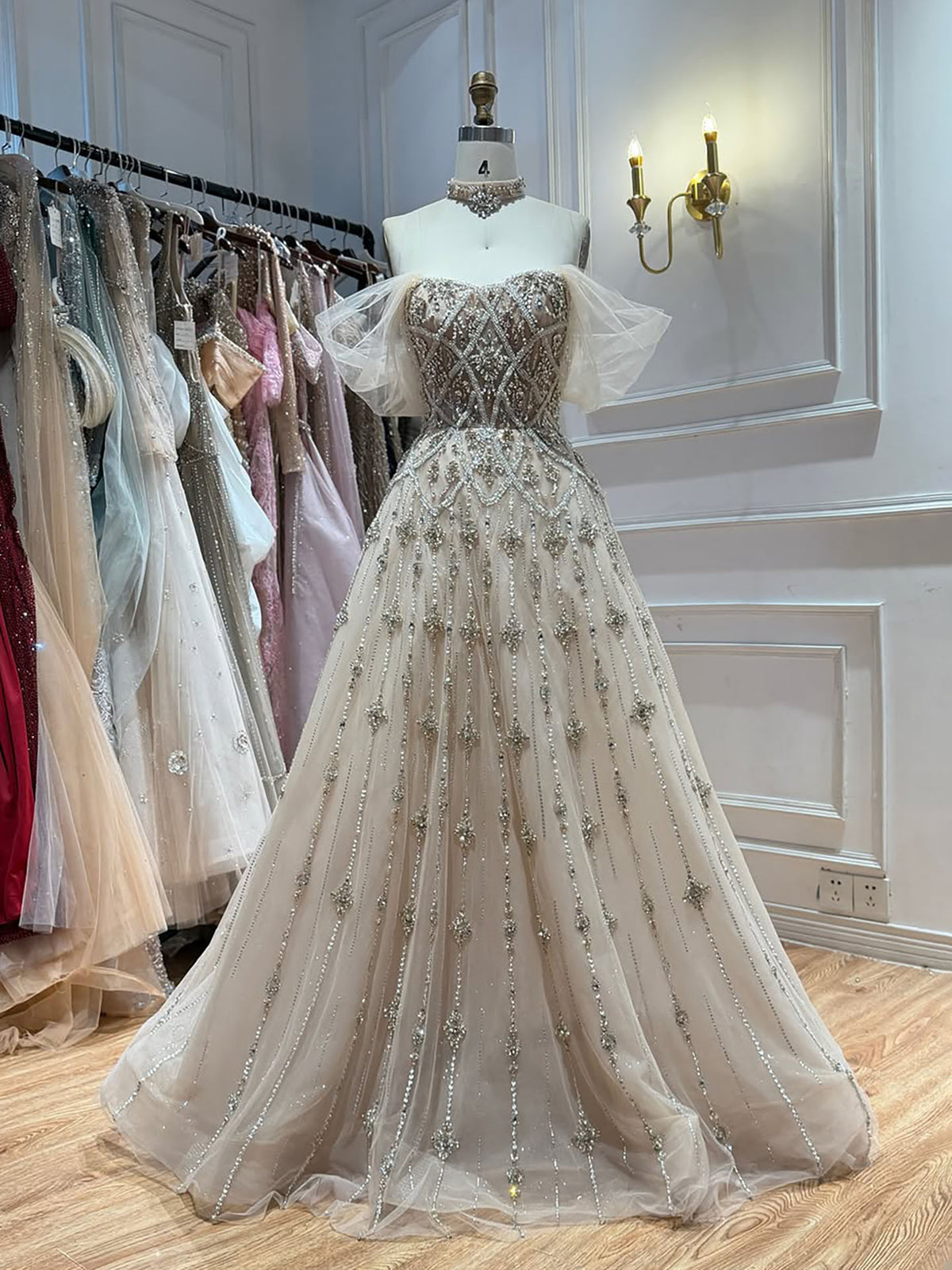 Arabic Luxury Beaded Off Shoulder Evening Dress Ball Gown With Choker CLA73397