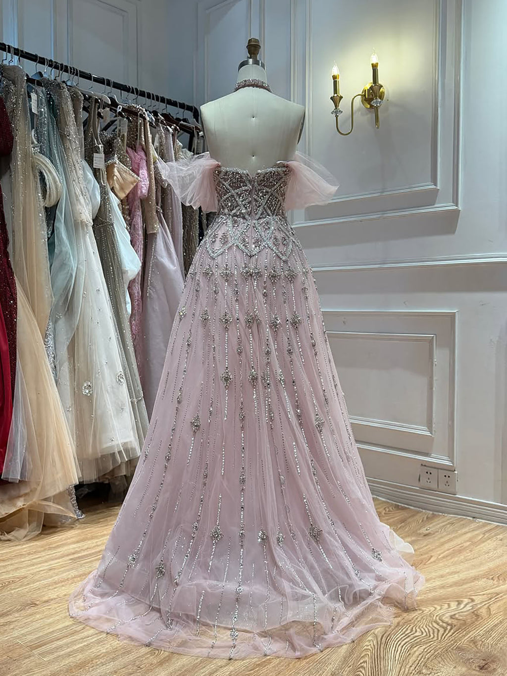 Arabic Luxury Beaded Off Shoulder Evening Dress Ball Gown With Choker CLA73397