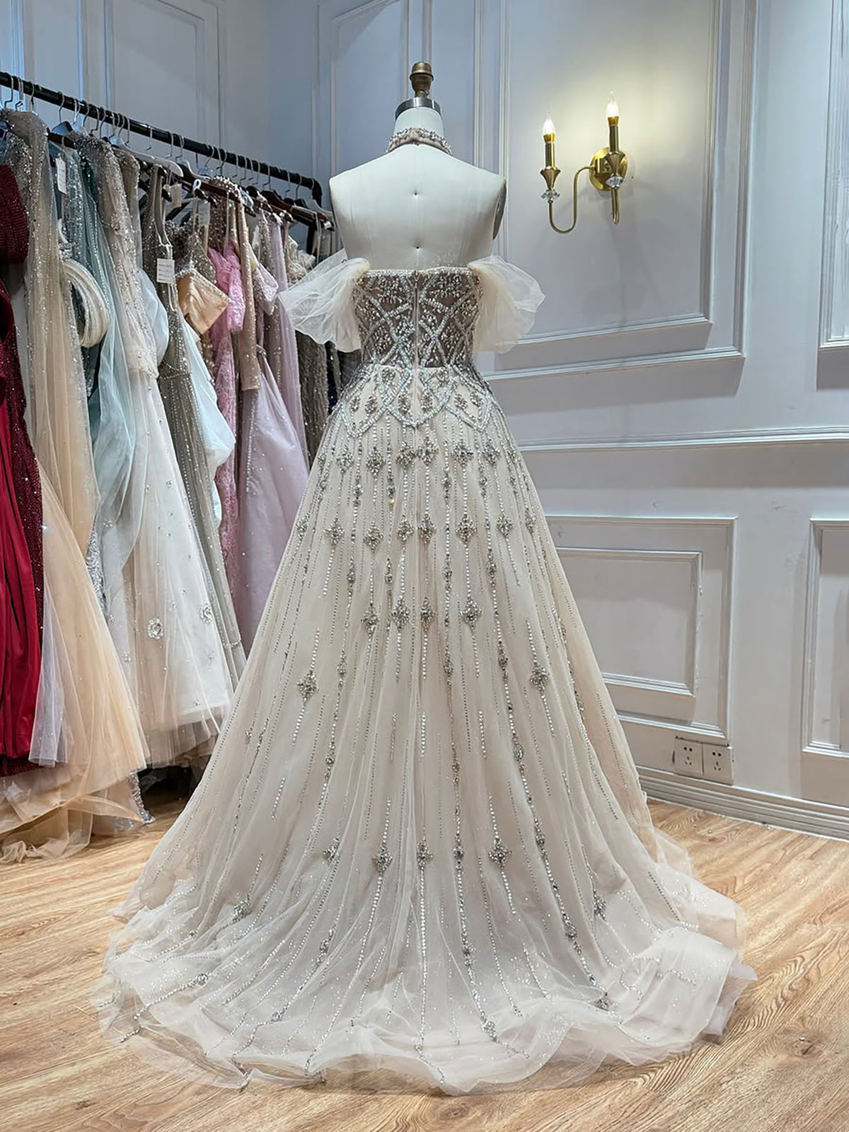 Arabic Luxury Beaded Off Shoulder Evening Dress Ball Gown With Choker CLA73397