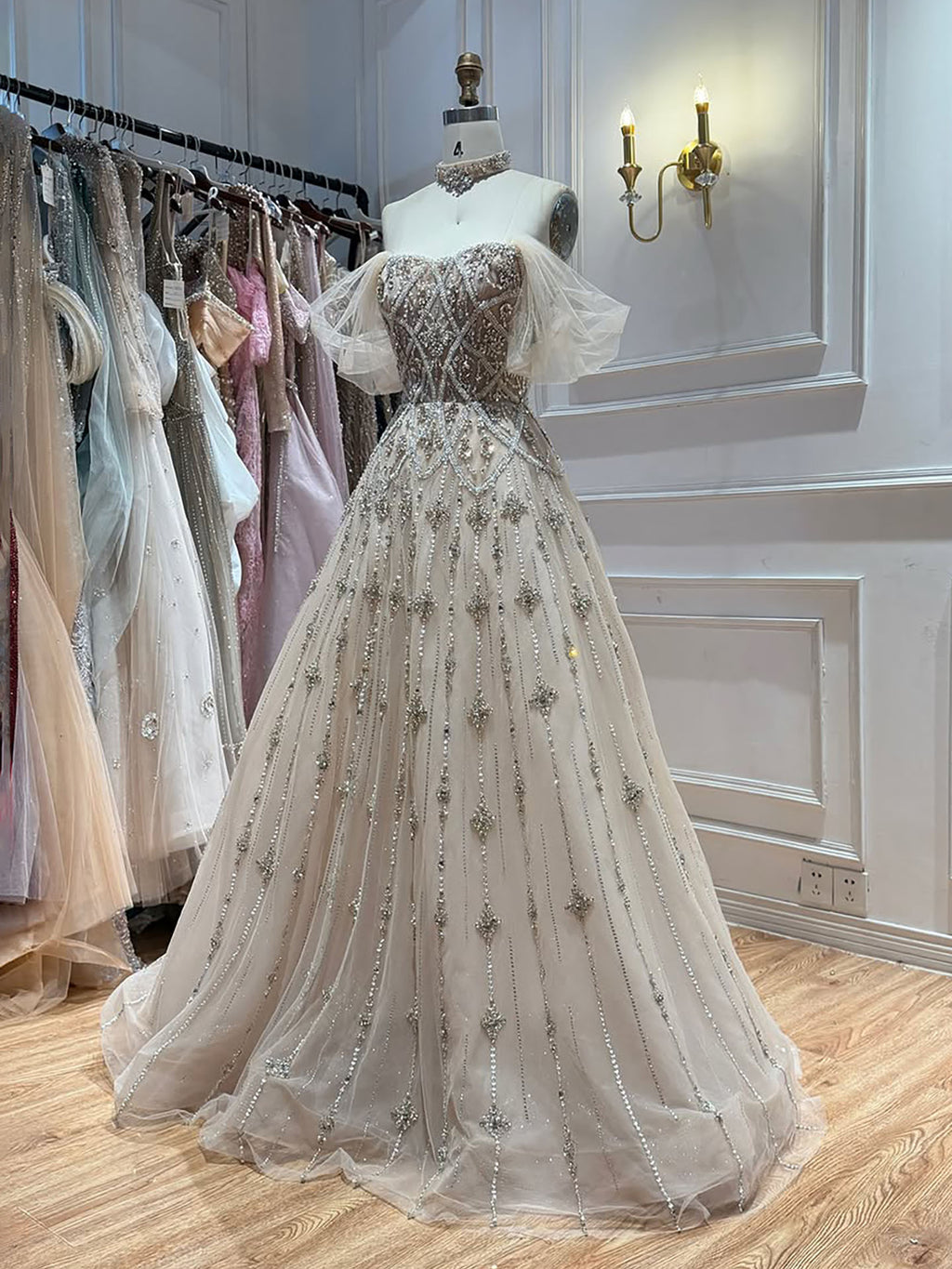 Arabic Luxury Beaded Off Shoulder Evening Dress Ball Gown With Choker CLA73397