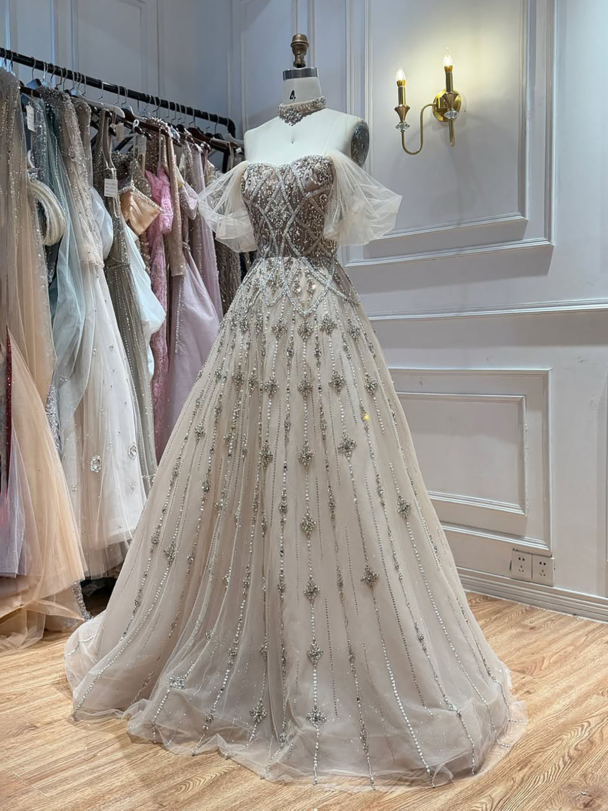 Arabic Luxury Beaded Off Shoulder Evening Dress Ball Gown With Choker CLA73397
