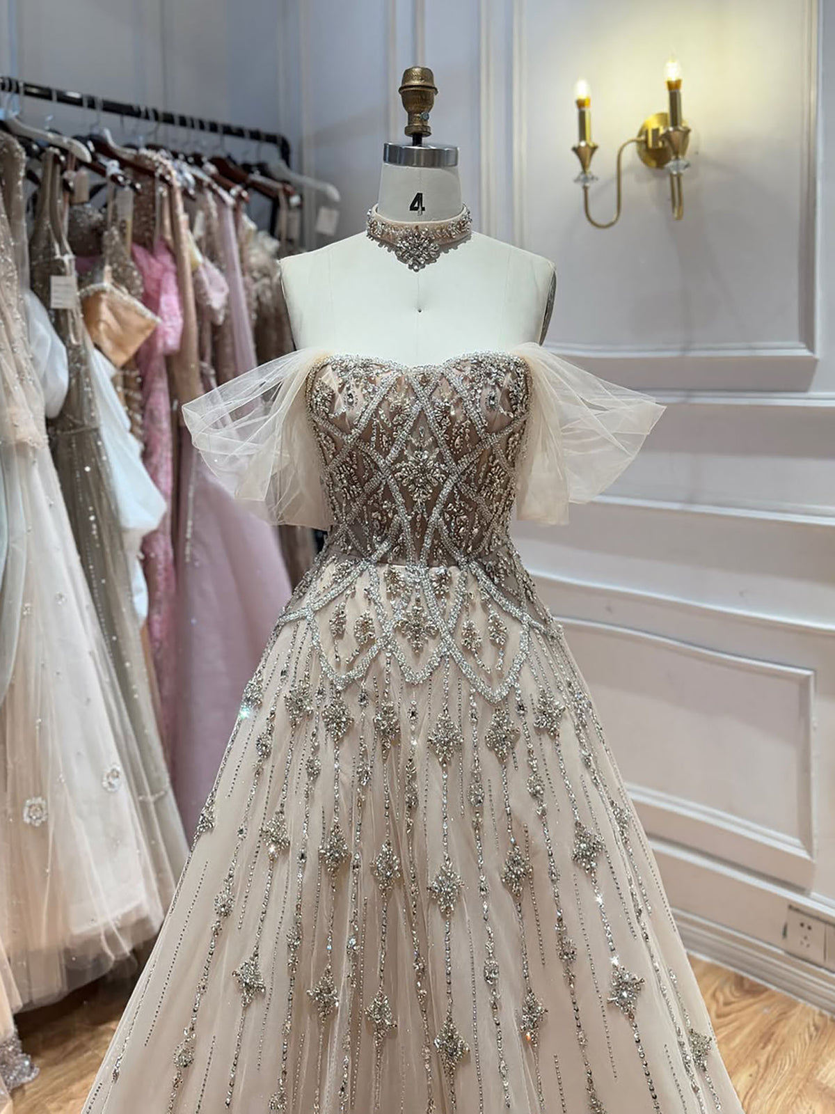 Arabic Luxury Beaded Off Shoulder Evening Dress Ball Gown With Choker CLA73397