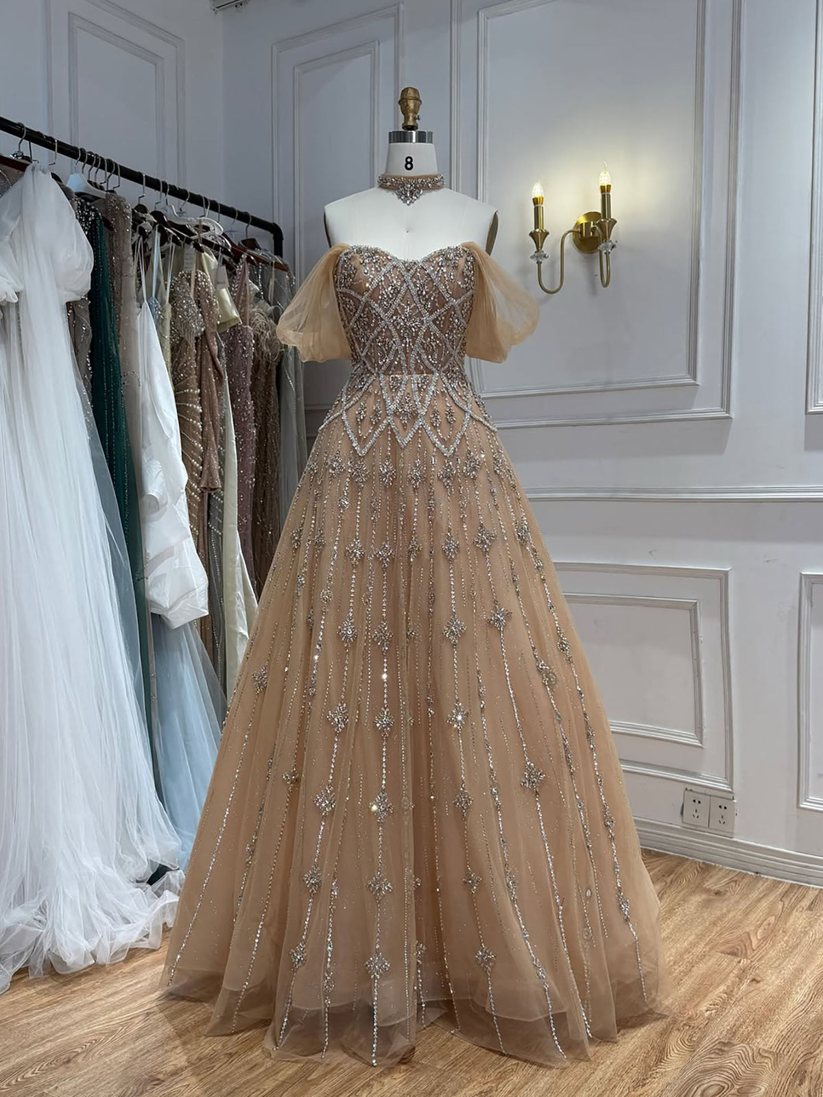 Arabic Luxury Beaded Off Shoulder Evening Dress Ball Gown With Choker CLA73397