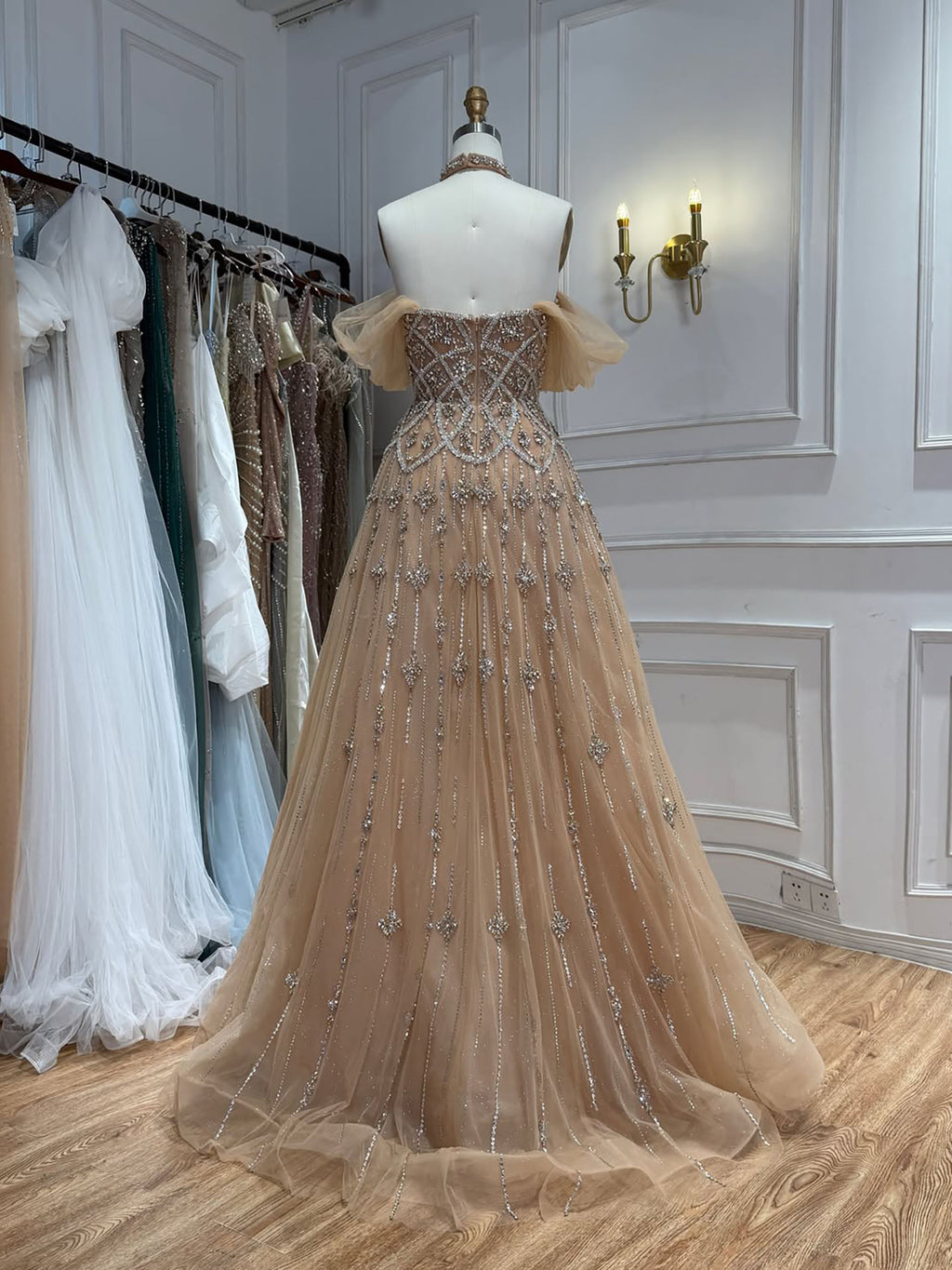 Arabic Luxury Beaded Off Shoulder Evening Dress Ball Gown With Choker CLA73397