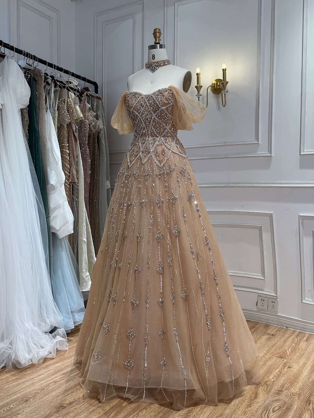 Arabic Luxury Beaded Off Shoulder Evening Dress Ball Gown With Choker CLA73397