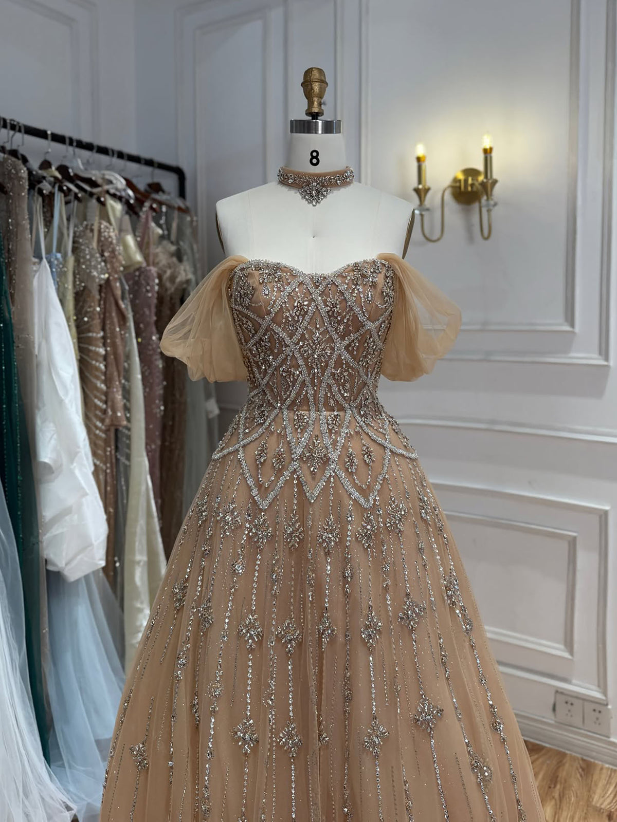 Arabic Luxury Beaded Off Shoulder Evening Dress Ball Gown With Choker CLA73397