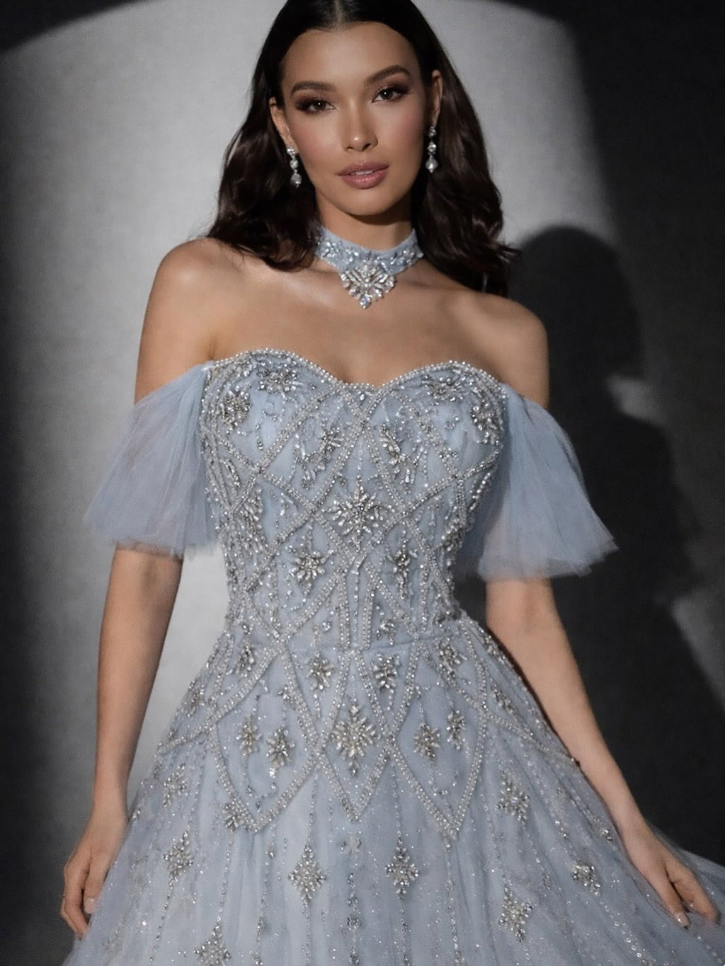 Luxury Gray Blue A-Line Dreamy Beaded Puffy Evening Dress With Necklace CLA73397