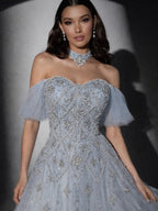 Luxury Gray Blue A-Line Dreamy Beaded Puffy Evening Dress With Necklace CLA73397
