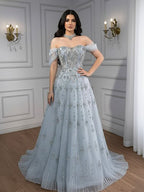 Luxury Gray Blue A-Line Dreamy Beaded Puffy Evening Dress With Necklace CLA73397