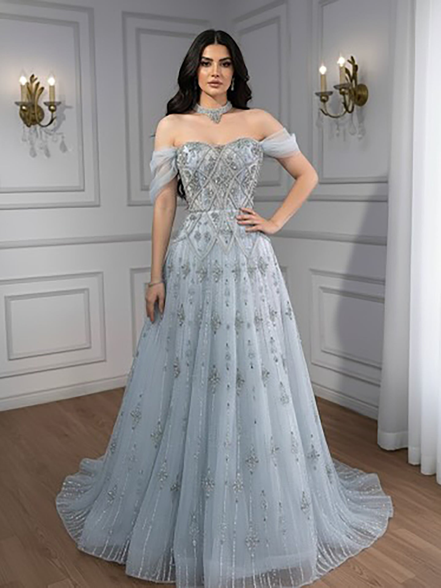 Luxury Gray Blue A-Line Dreamy Beaded Puffy Evening Dress With Necklace CLA73397