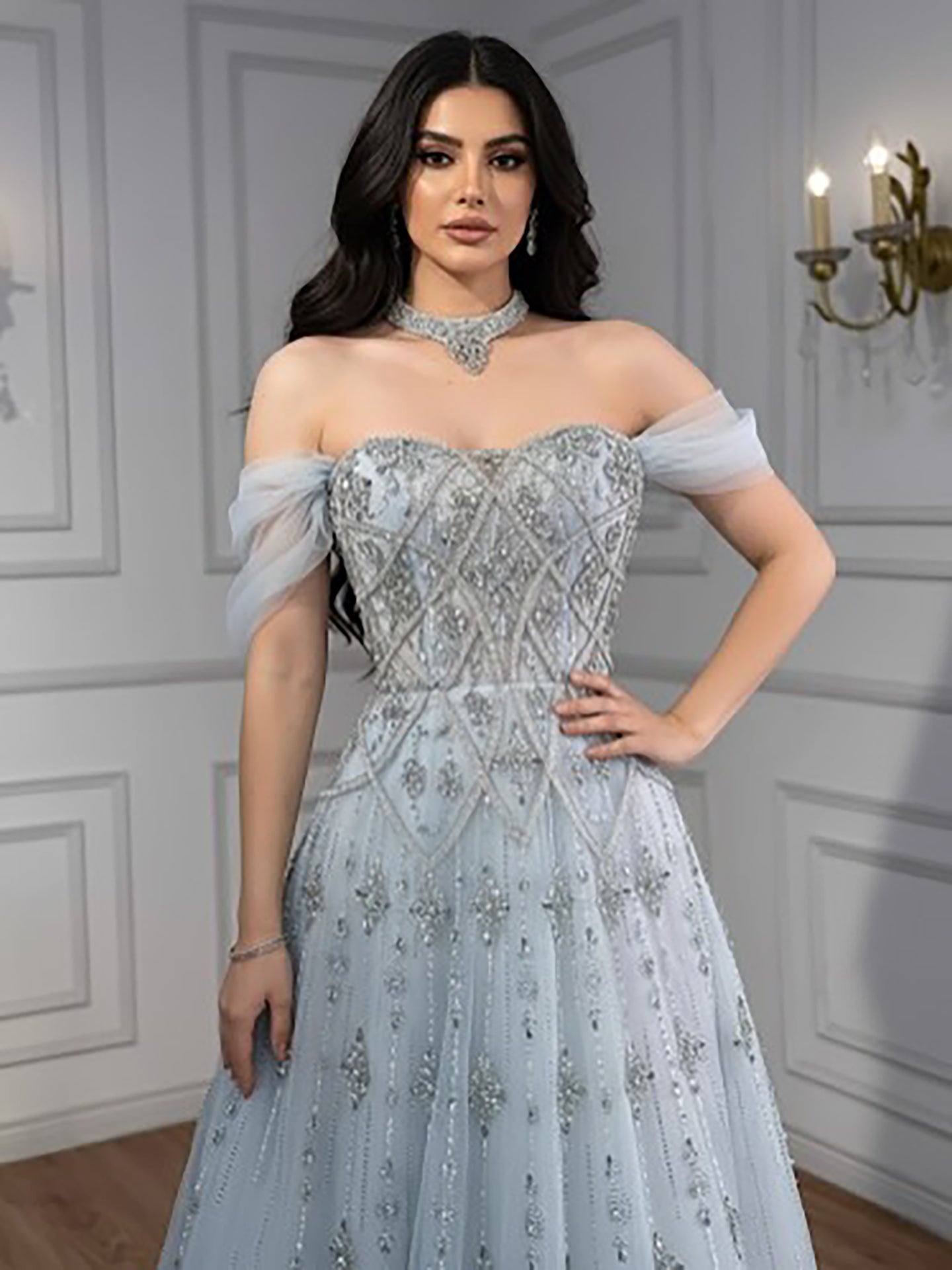 Luxury Gray Blue A-Line Dreamy Beaded Puffy Evening Dress With Necklace CLA73397