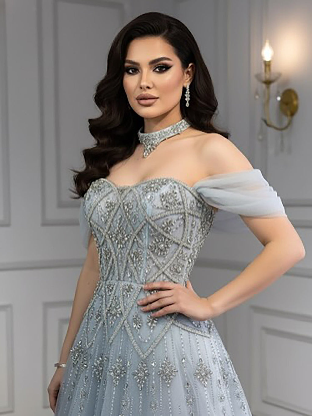 Luxury Gray Blue A-Line Dreamy Beaded Puffy Evening Dress With Necklace CLA73397