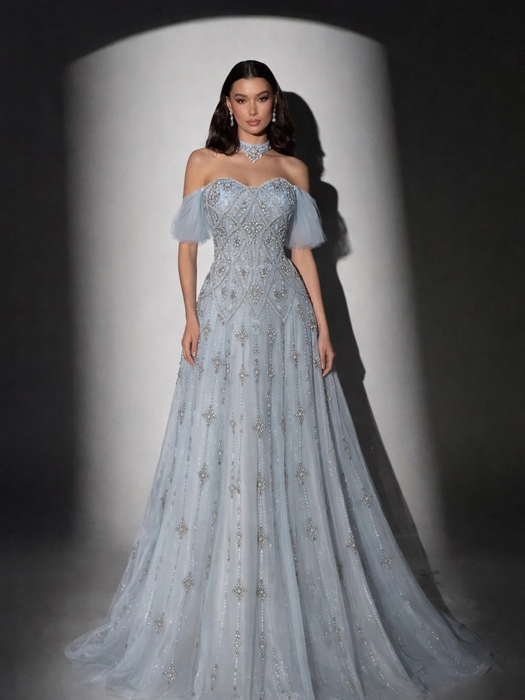 Luxury Gray Blue A-Line Dreamy Beaded Puffy Evening Dress With Necklace CLA73397