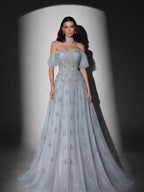 Luxury Gray Blue A-Line Dreamy Beaded Puffy Evening Dress With Necklace CLA73397