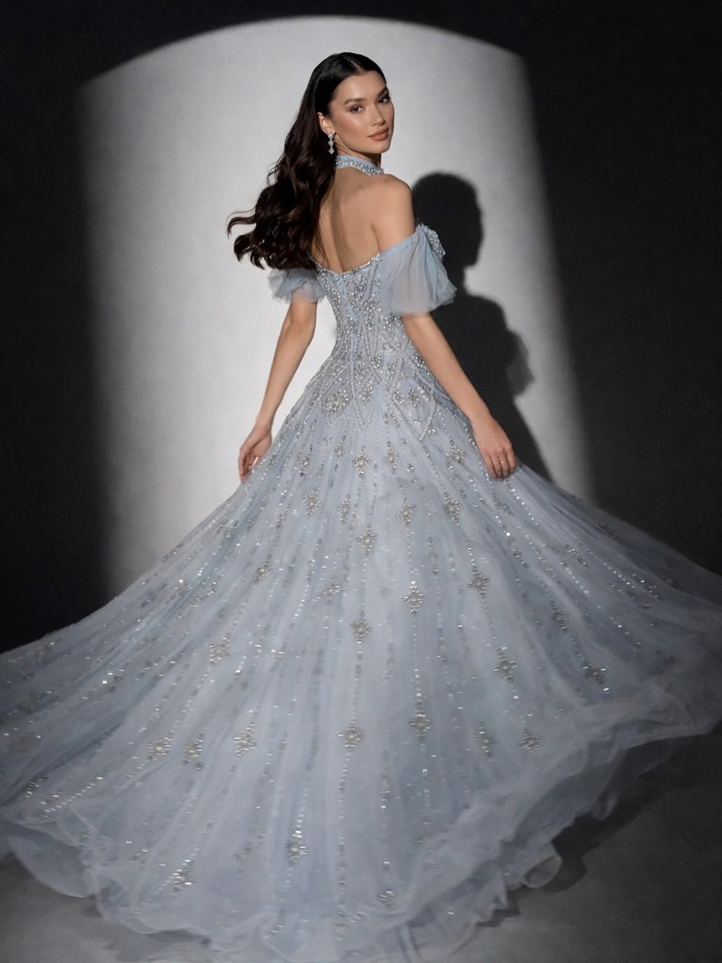 Luxury Gray Blue A-Line Dreamy Beaded Puffy Evening Dress With Necklace CLA73397