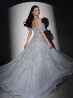 Luxury Gray Blue A-Line Dreamy Beaded Puffy Evening Dress With Necklace CLA73397