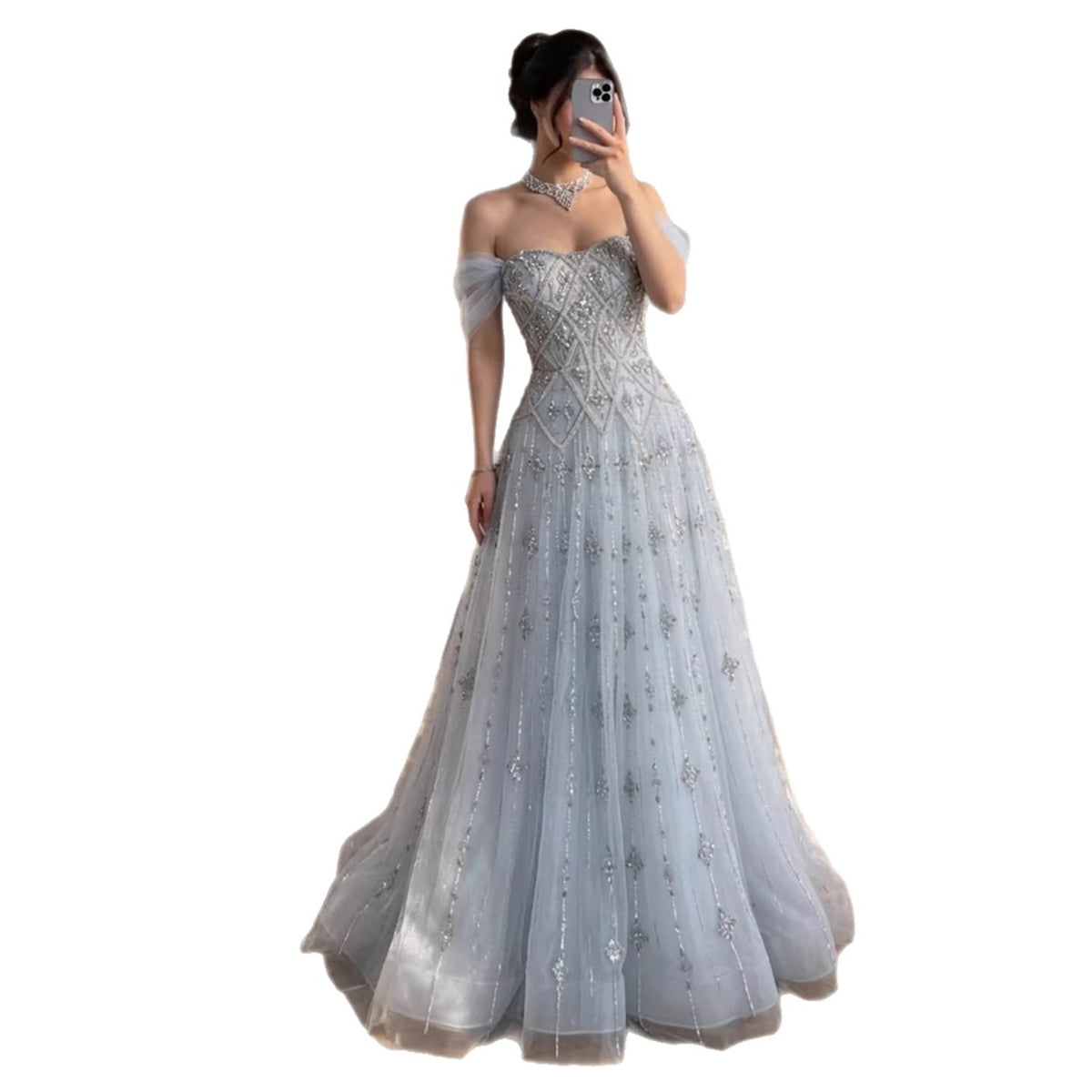 Luxury Gray Blue A-Line Dreamy Beaded Puffy Evening Dress With Necklace CLA73397