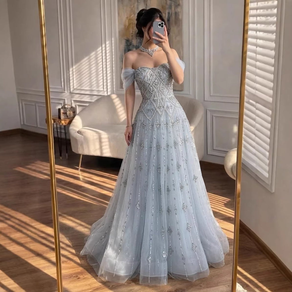 Luxury Gray Blue A-Line Dreamy Beaded Puffy Evening Dress With Necklace CLA73397