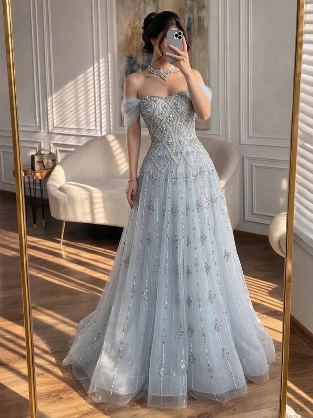 Luxury Gray Blue A-Line Dreamy Beaded Puffy Evening Dress With Necklace CLA73397