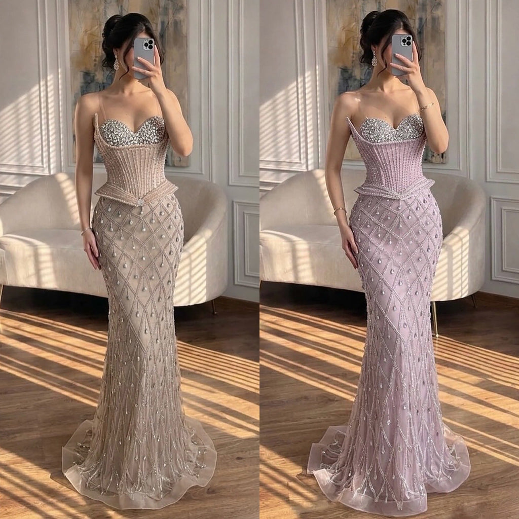 Luxury Nude Crystal Beaded Corset Mermaid Evening Dress LA73400