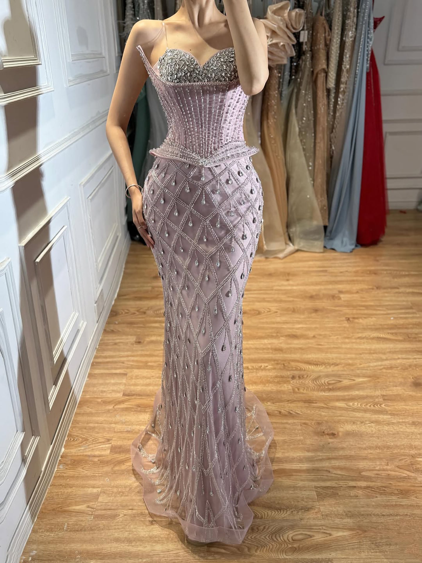 Luxury Nude Crystal Beaded Corset Mermaid Evening Dress CLA73400