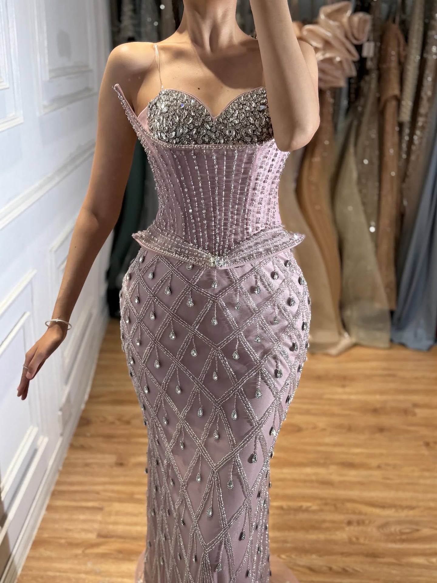 Luxury Nude Crystal Beaded Corset Mermaid Evening Dress LA73400