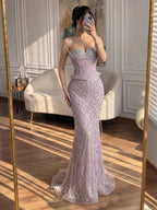 Luxury Nude Crystal Beaded Corset Mermaid Evening Dress LA73400