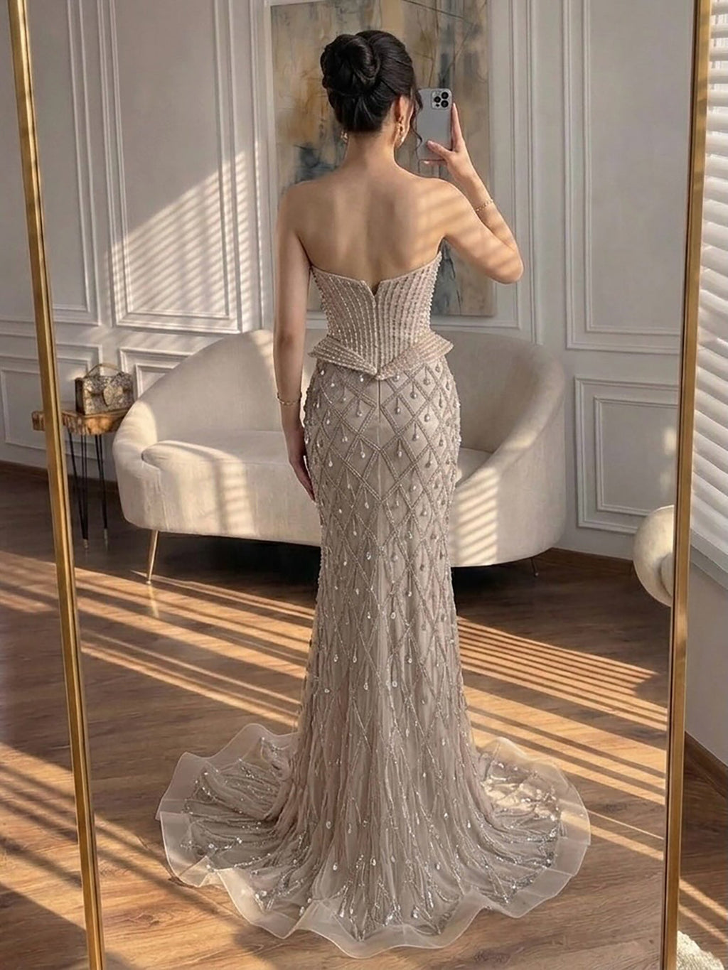 Luxury Nude Crystal Beaded Corset Mermaid Evening Dress LA73400
