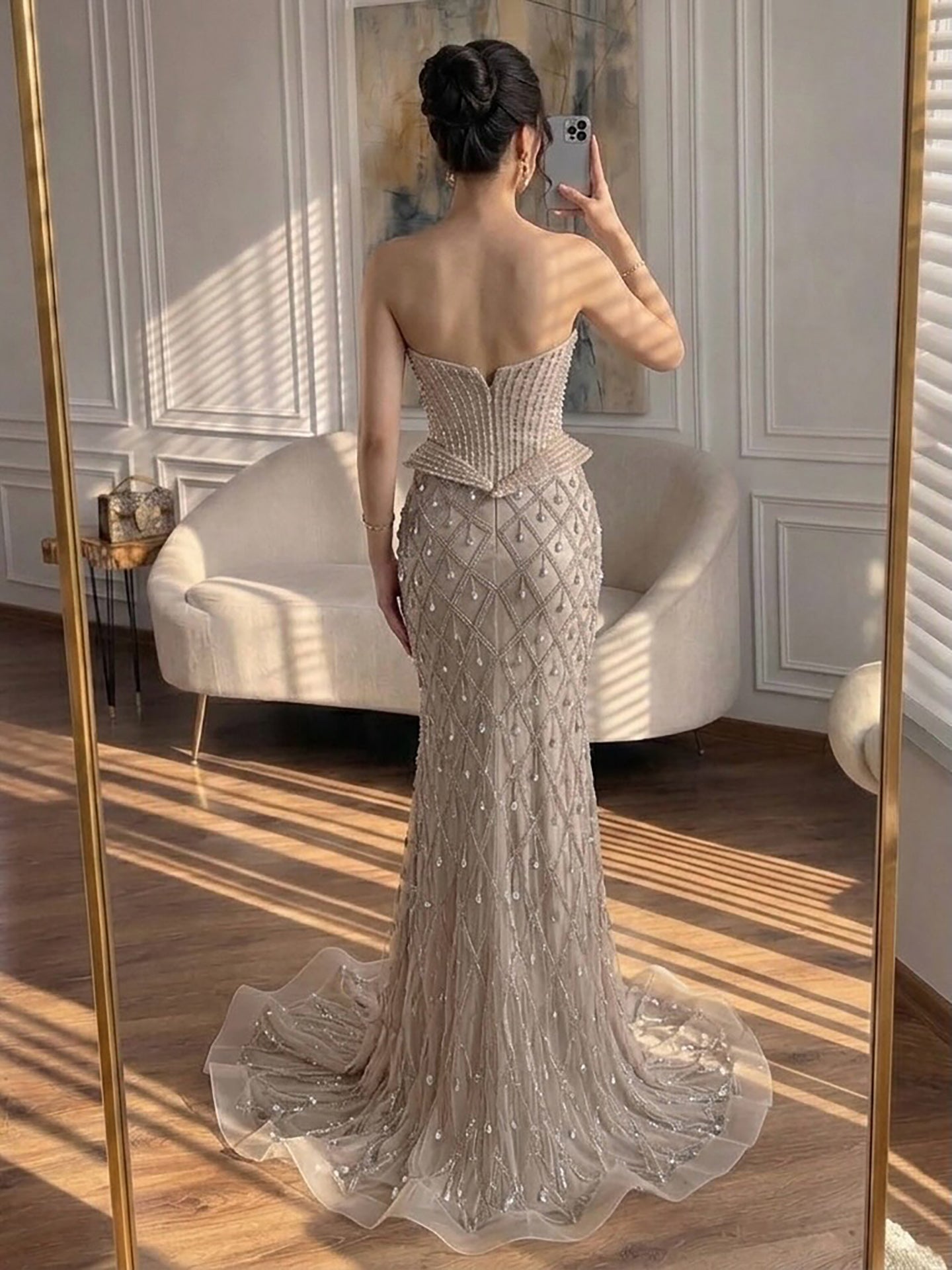 Luxury Nude Crystal Beaded Corset Mermaid Evening Dress LA73400