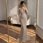 Luxury Nude Crystal Beaded Corset Mermaid Evening Dress LA73400