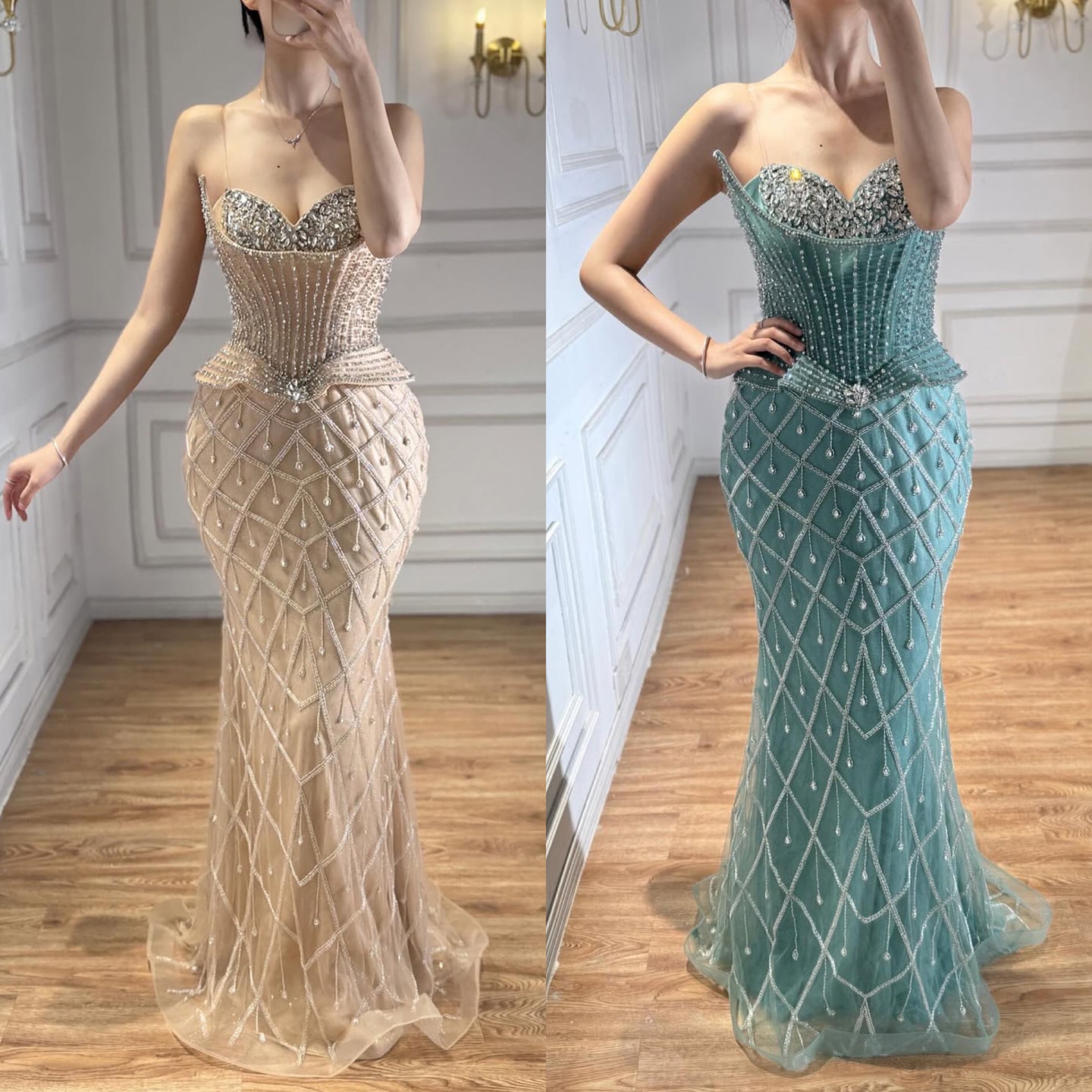 Luxury Nude Crystal Beaded Mermaid Evening Dress CLA73400A