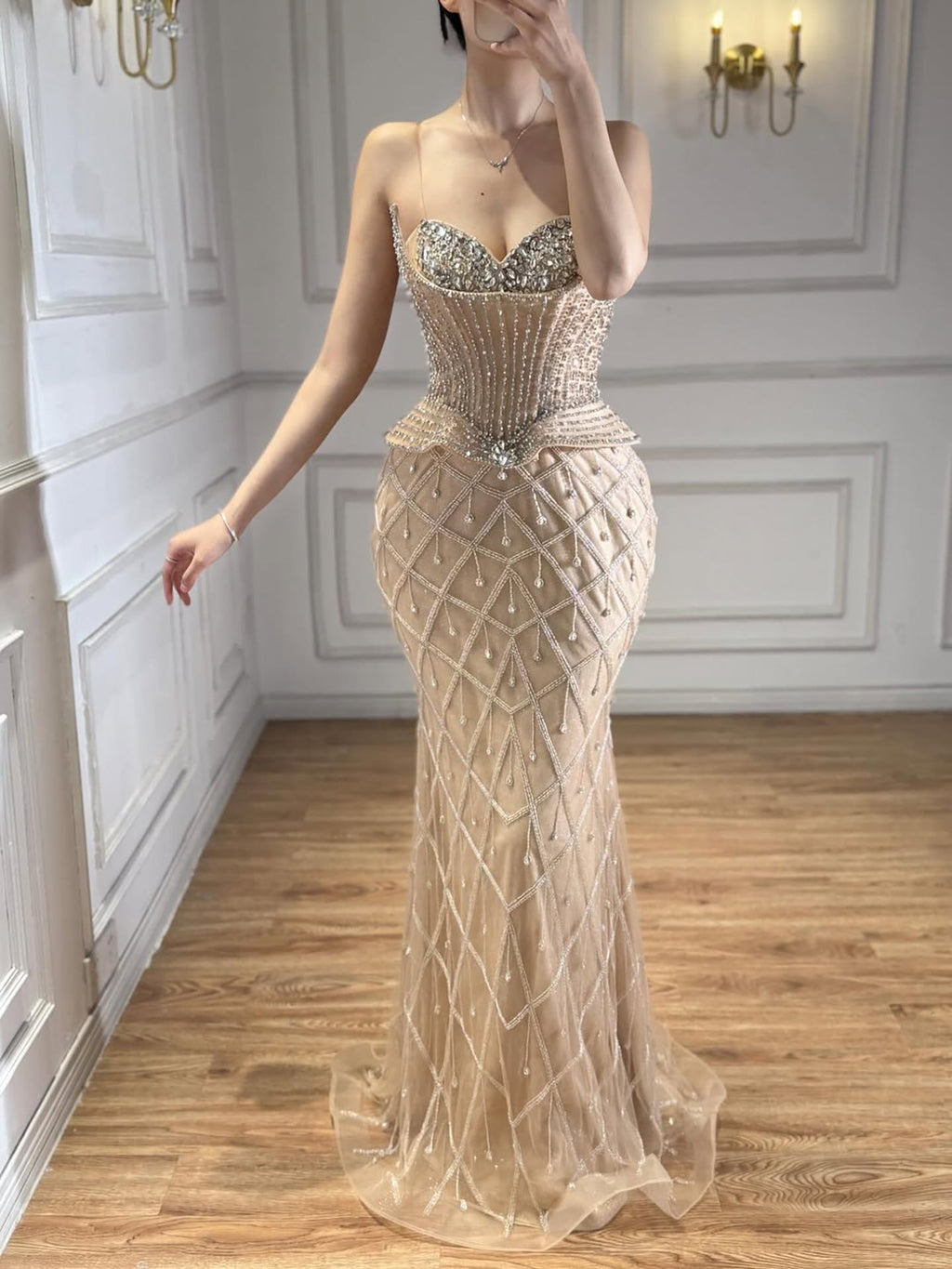 Luxury Nude Crystal Beaded Mermaid Evening Dress CLA73400A