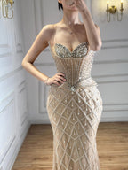 Luxury Nude Crystal Beaded Mermaid Evening Dress CLA73400A