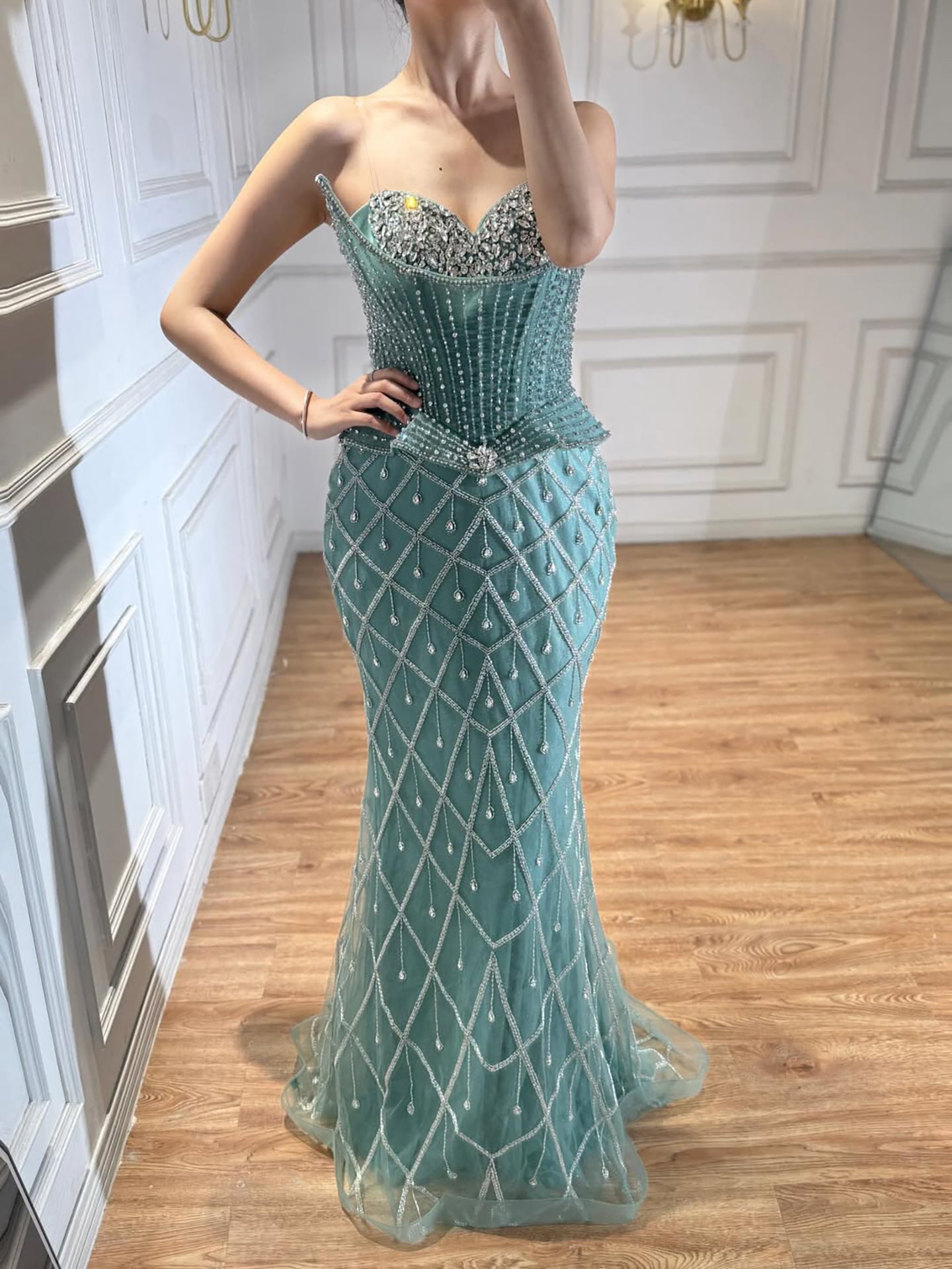 Luxury Nude Crystal Beaded Mermaid Evening Dress CLA73400A