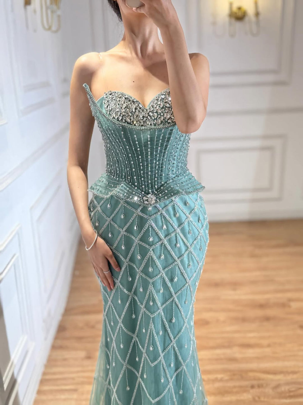 Luxury Nude Crystal Beaded Mermaid Evening Dress CLA73400A