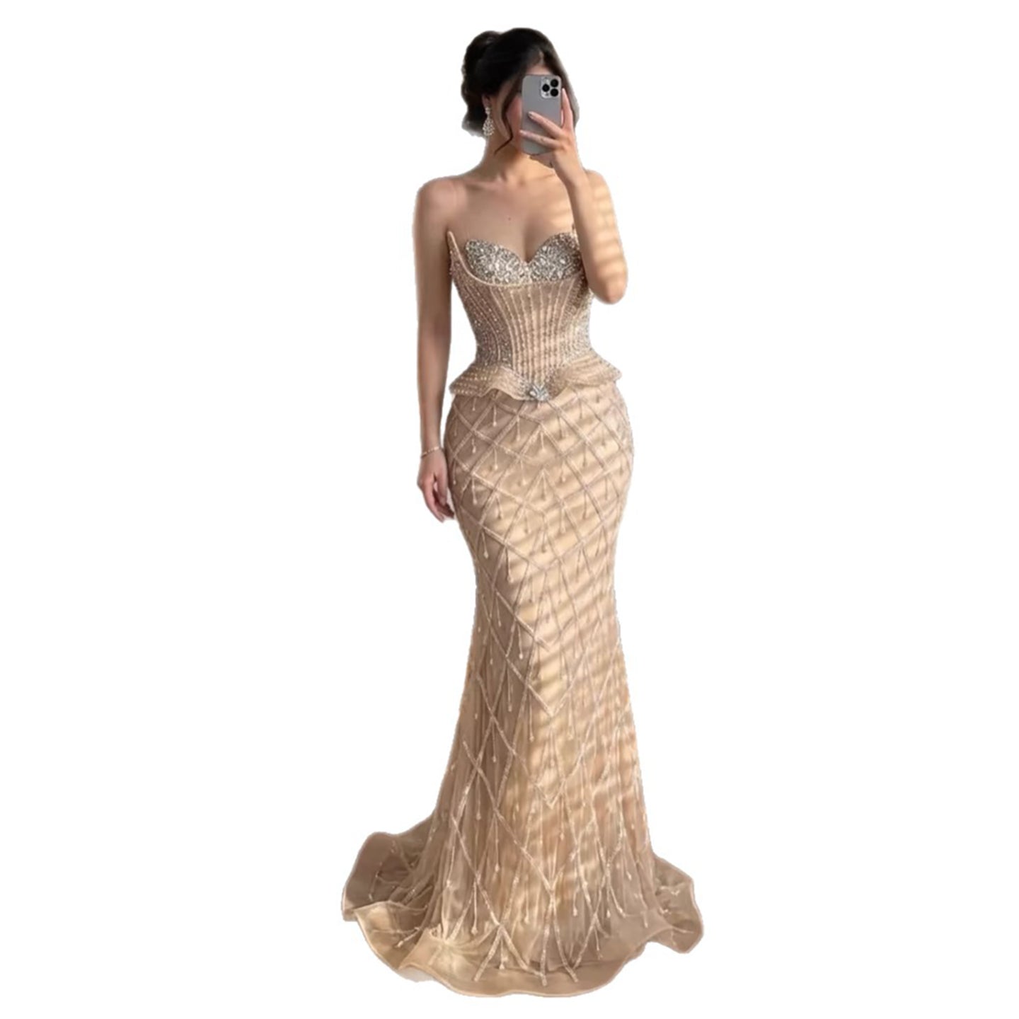 Luxury Nude Crystal Beaded Mermaid Evening Dress CLA73400A
