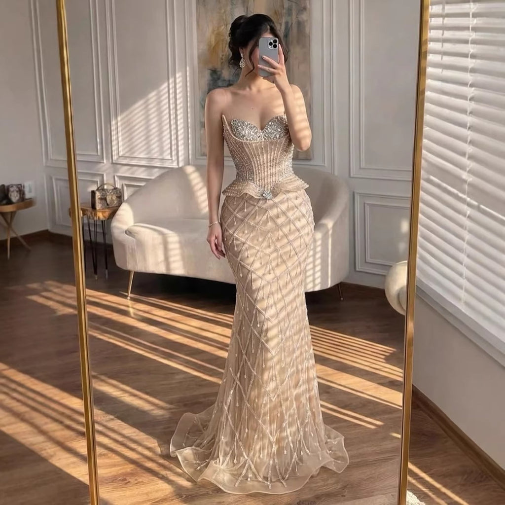 Luxury Nude Crystal Beaded Mermaid Evening Dress CLA73400A