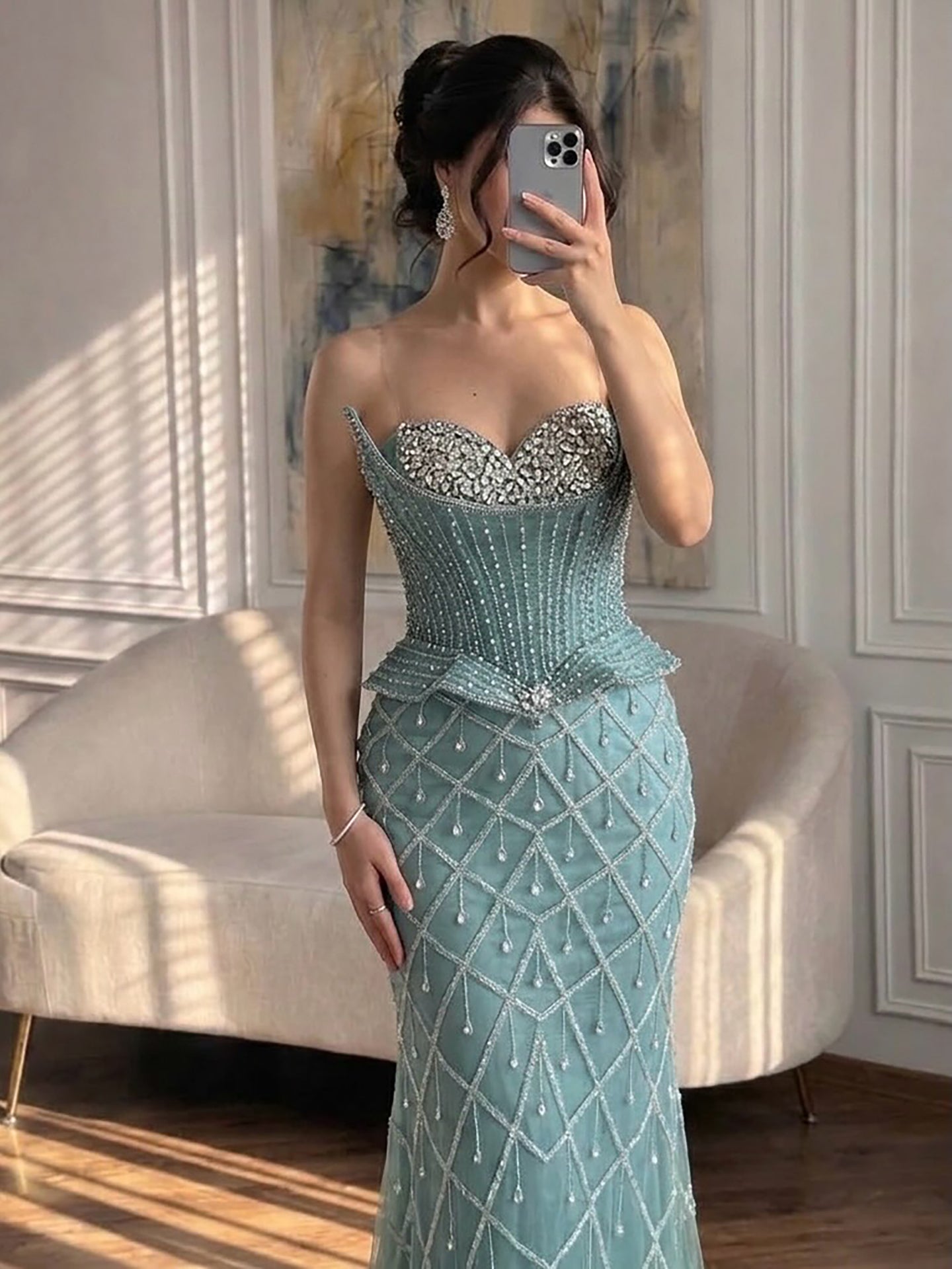 Luxury Nude Crystal Beaded Mermaid Evening Dress CLA73400A