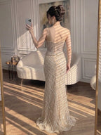 Luxury Nude Crystal Beaded Mermaid Evening Dress CLA73400A