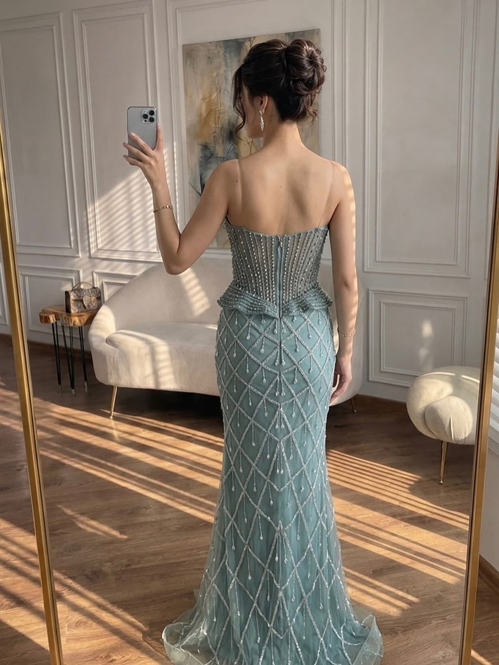Luxury Nude Crystal Beaded Mermaid Evening Dress CLA73400A
