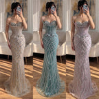 Luxury Nude Crystal Beaded Strapless Peplum Mermaid Dress LA73400B