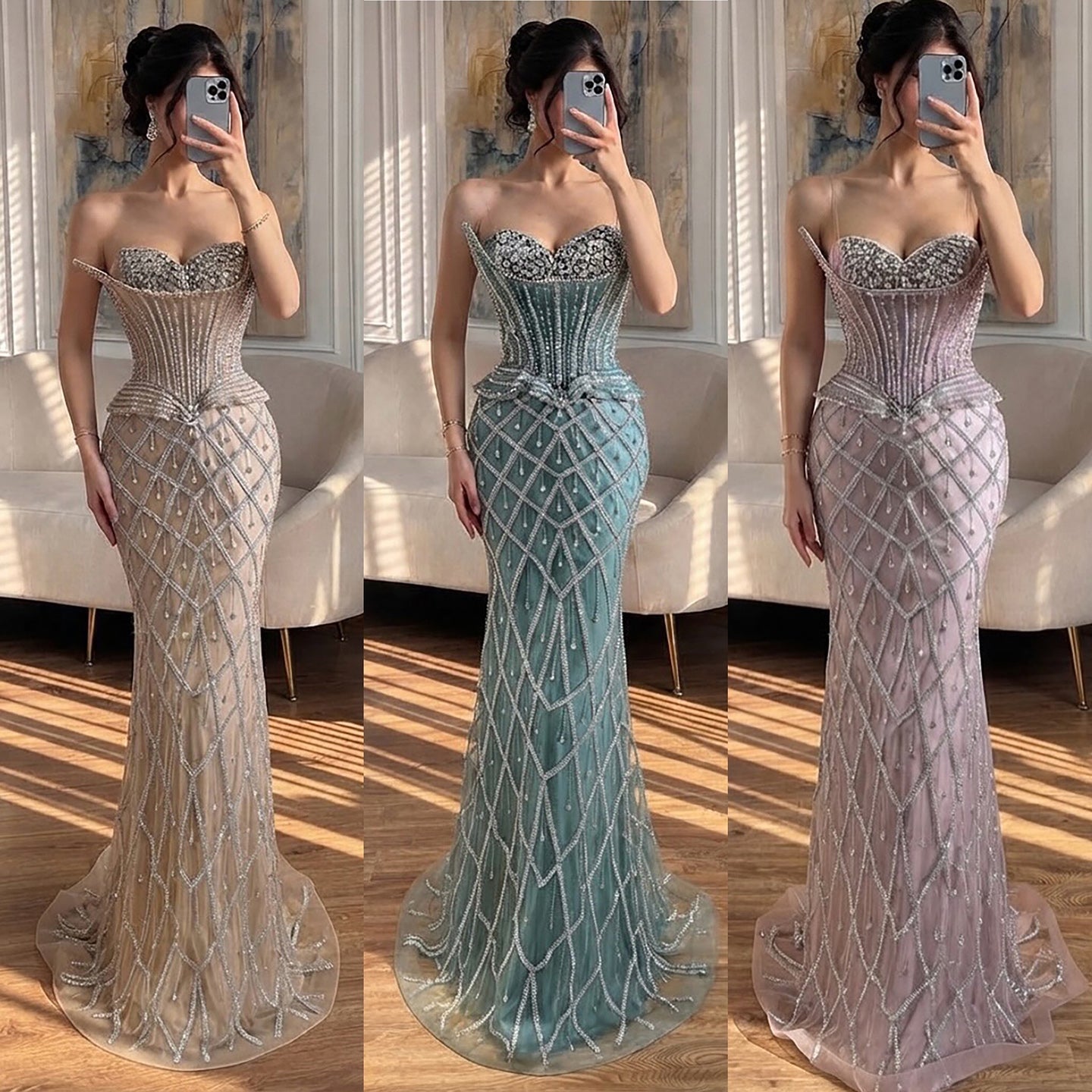 Luxury Nude Crystal Beaded Strapless Peplum Mermaid Dress LA73400B
