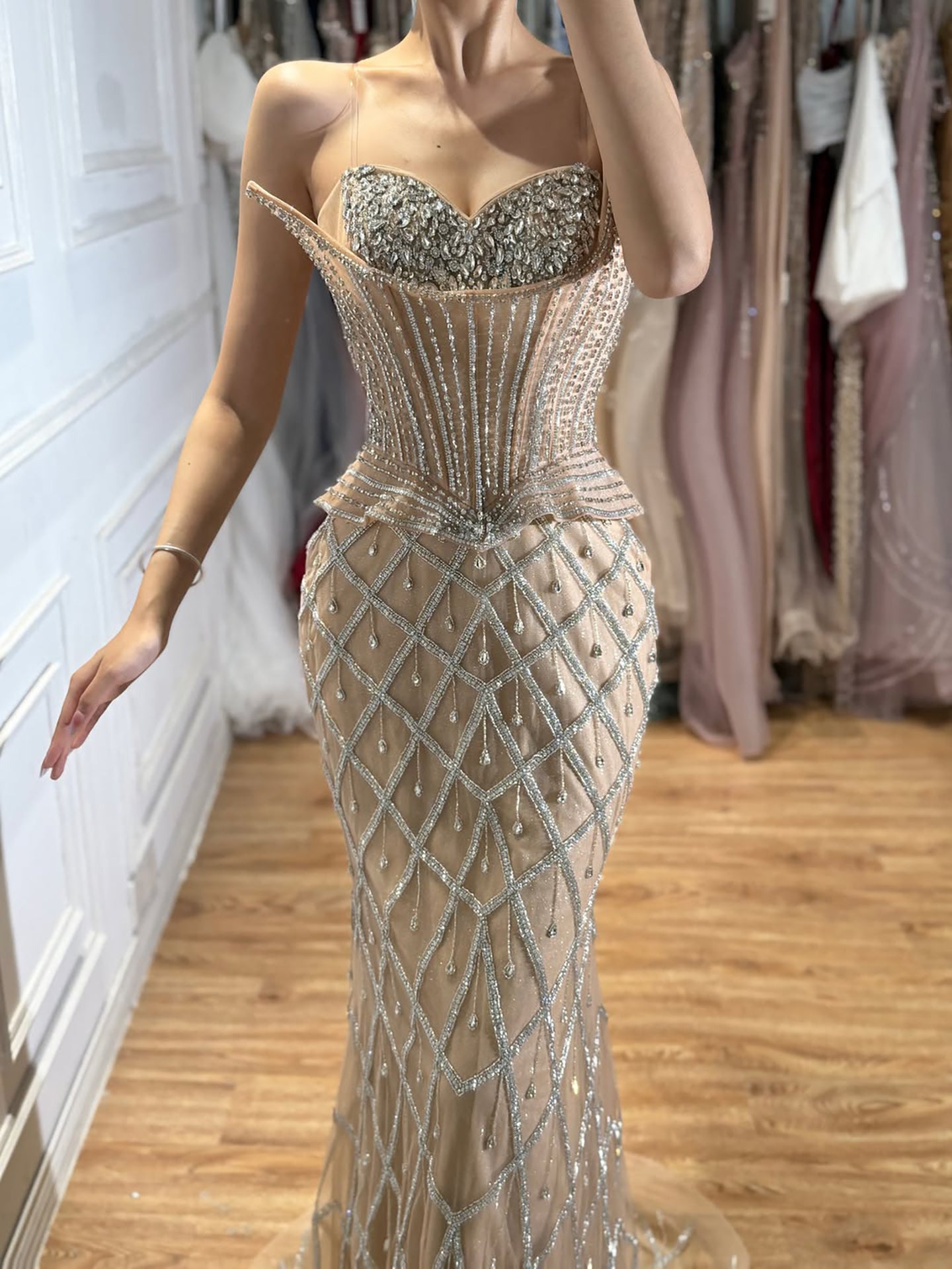 Luxury Nude Crystal Beaded Strapless Peplum Mermaid Dress LA73400B